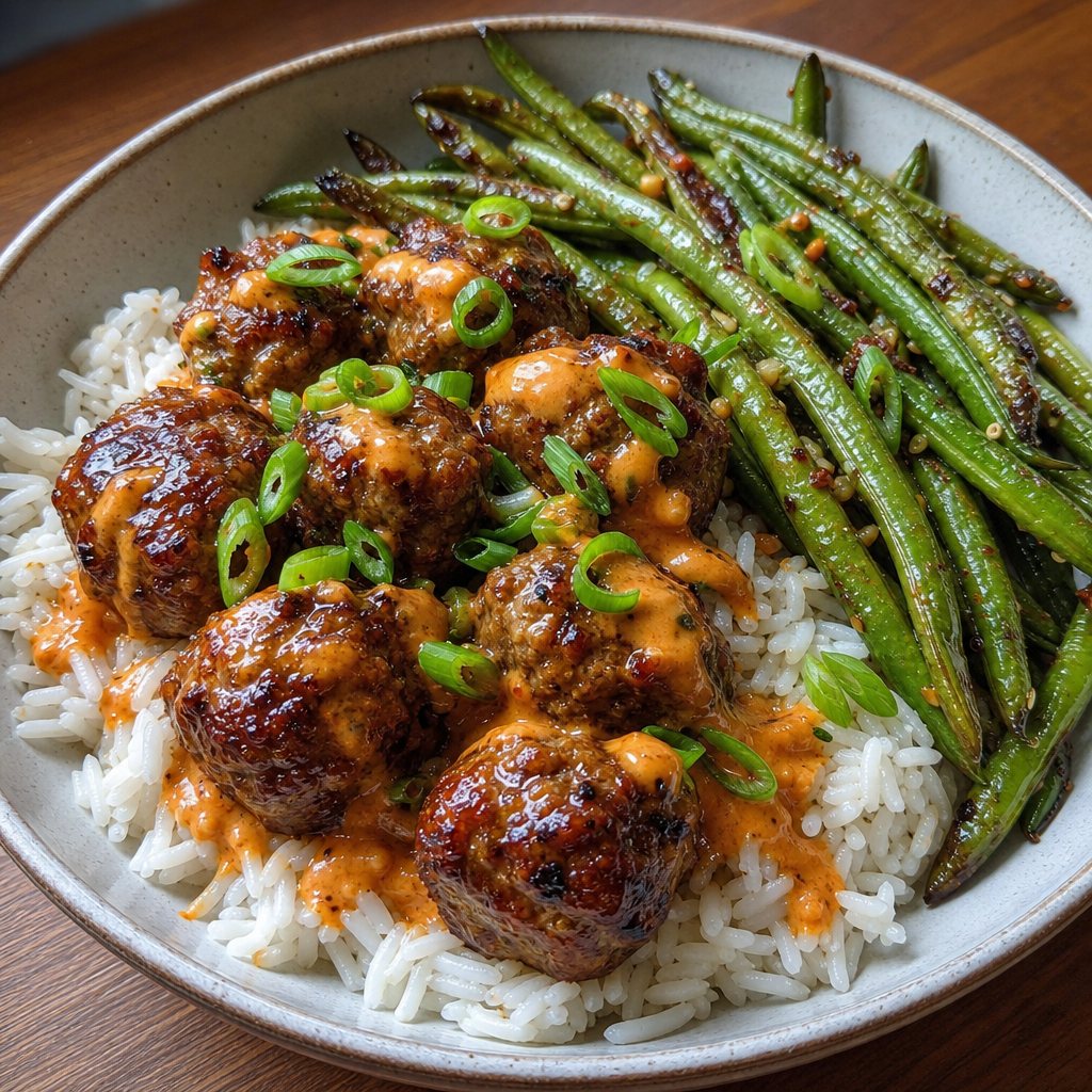 Spicy Korean Chili Beef Meatballs with Green Beans and Jasmine Rice