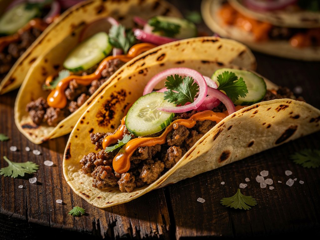 Spicy Korean Ground Beef Tacos with Quick-Pickled Veggies
