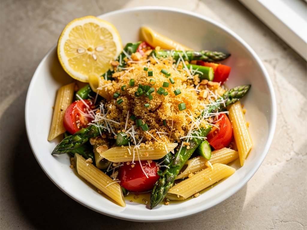 Spicy Lemon Panko Penne with Asparagus and Tomatoes