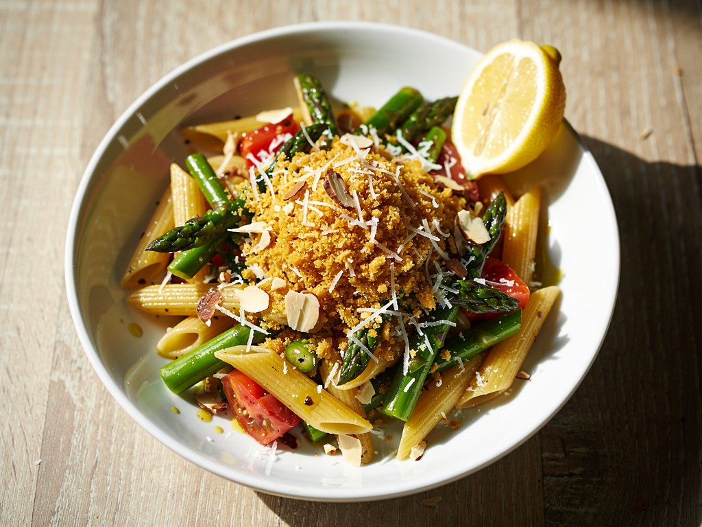 Spicy Lemon Panko Penne with Asparagus and Tomatoes