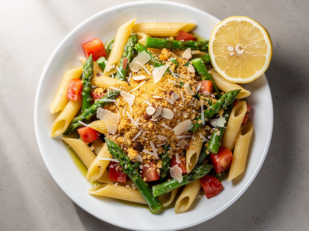 Spicy Lemon Pasta with Asparagus and Almond Panko Crunch