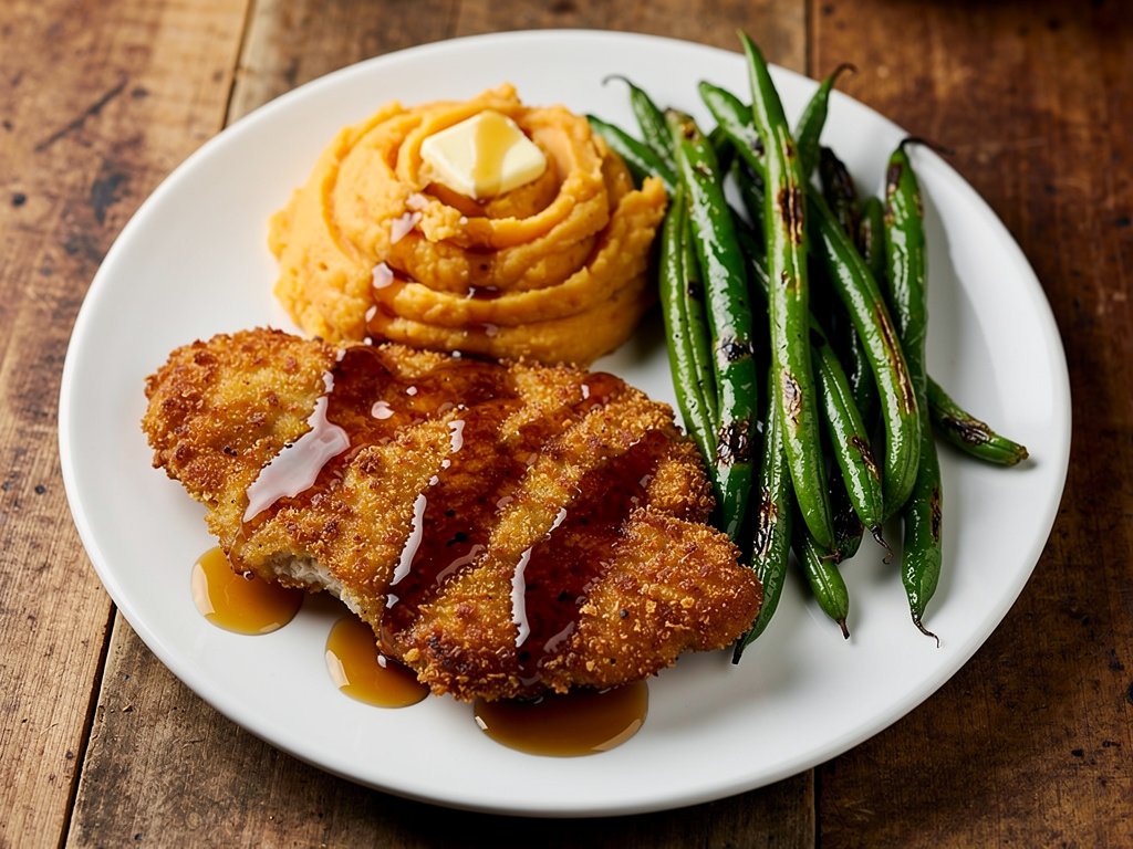 Spicy Maple Chicken with Mashed Sweet Potatoes and Roasted Green Beans