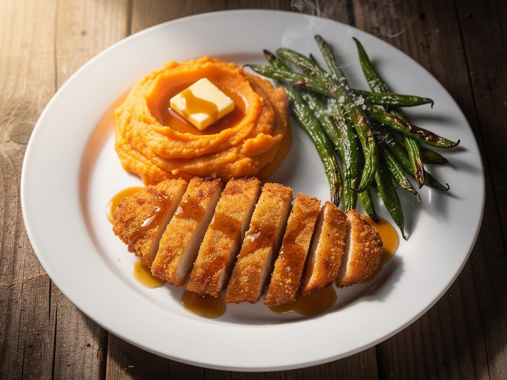 Spicy Maple Glazed Chicken with Mashed Sweet Potatoes and Roasted Green Beans