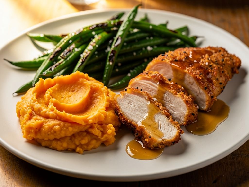 Spicy Maple Glazed Chicken with Mashed Sweet Potatoes and Roasted Green Beans