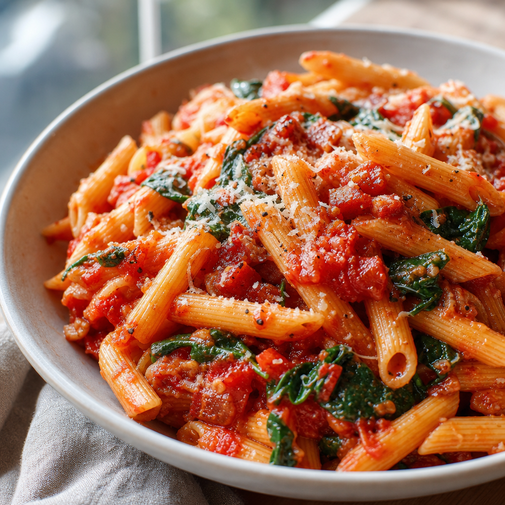 Spicy Pancetta Penne with Tomato Arrabbiata and Spinach