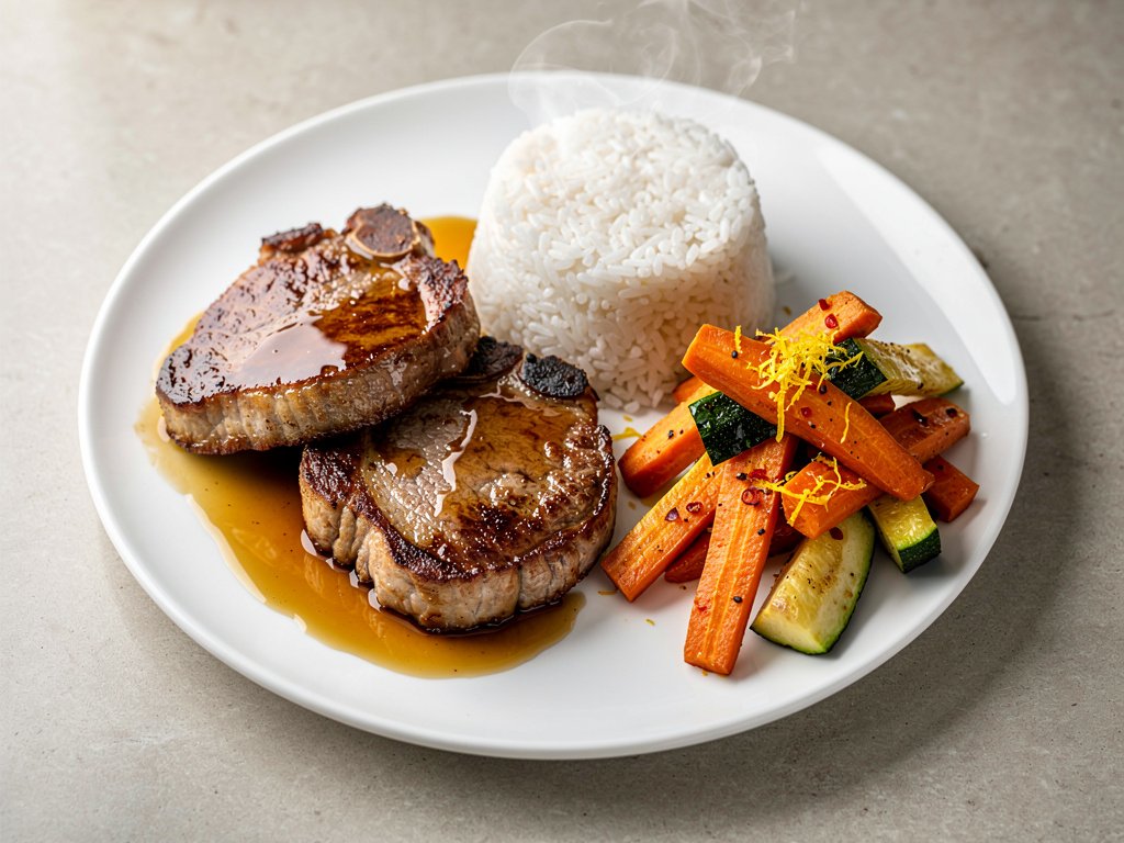 Spicy Peach Glazed Pork Chops with Lemon Roasted Vegetables and Rice