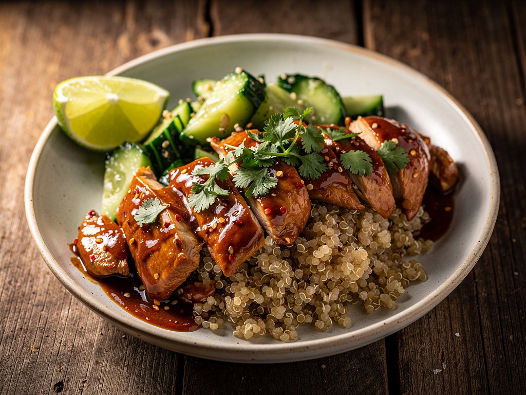 Spicy Peanut Chicken Bowls with Garlic Quinoa and Smashed Cucumbers