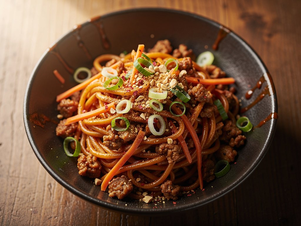 Spicy Peanut Pork Ramen Stir-Fry with Carrots and Scallions