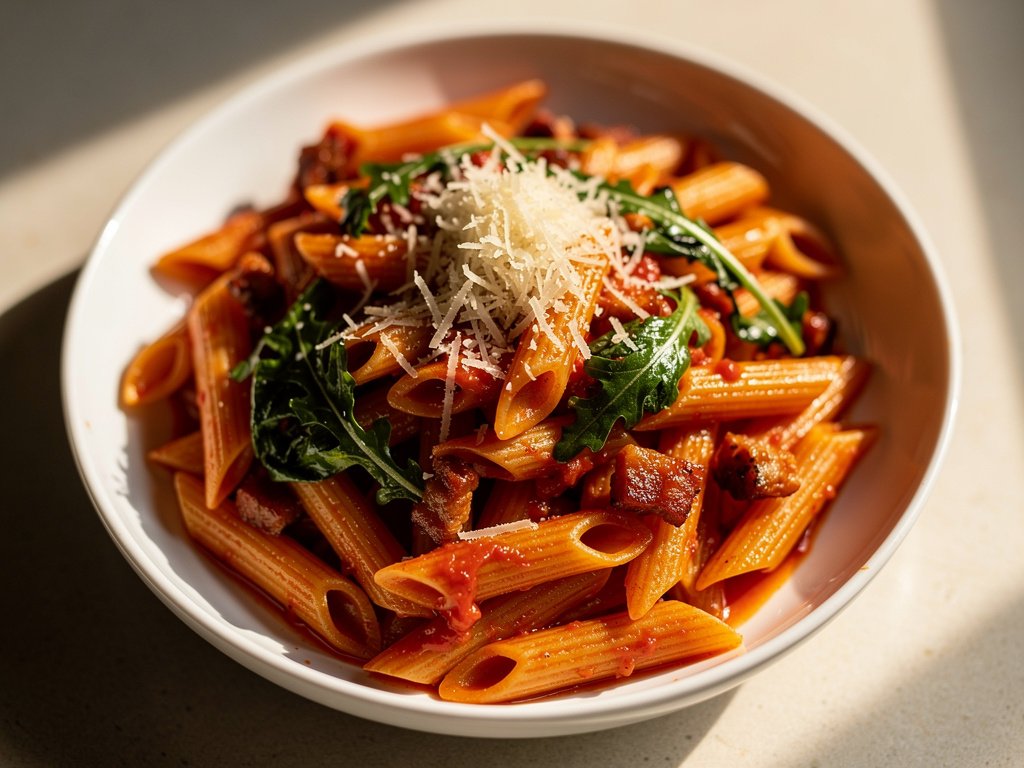 Spicy Penne Arrabbiata with Pancetta and Arugula