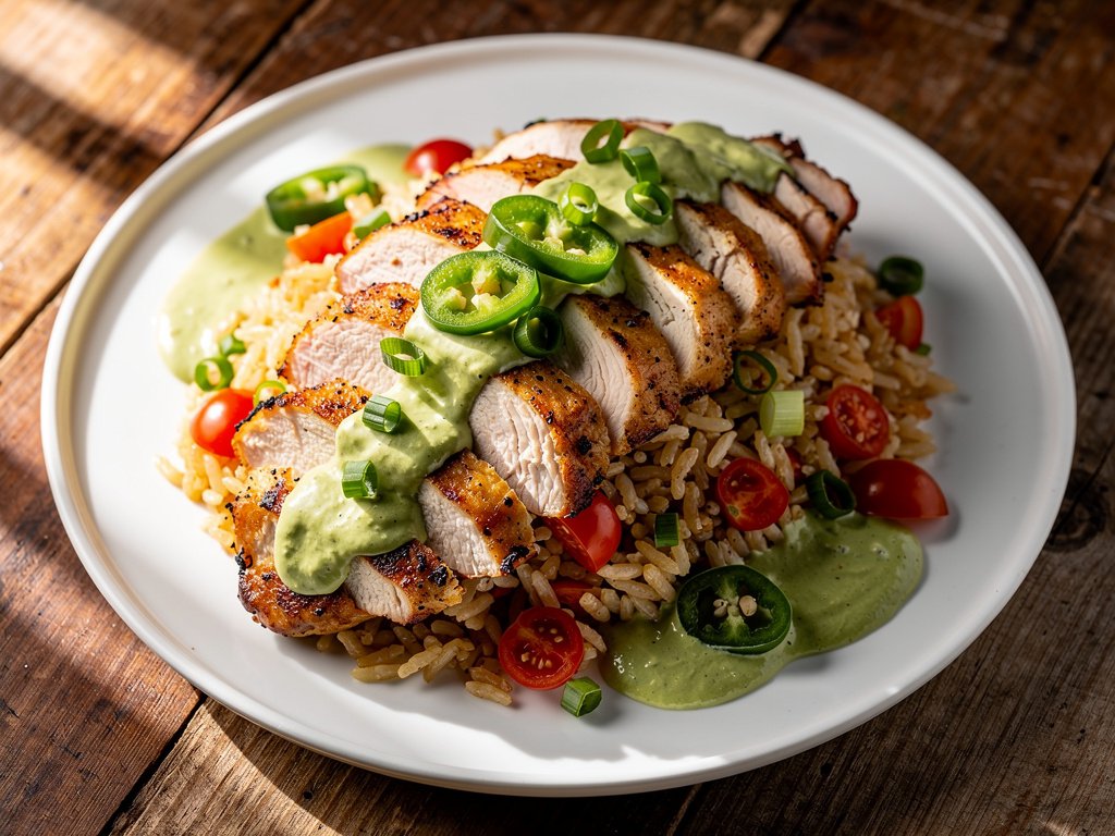 Spicy Peruvian Chicken with Loaded Rice and Creamy Salsa Verde