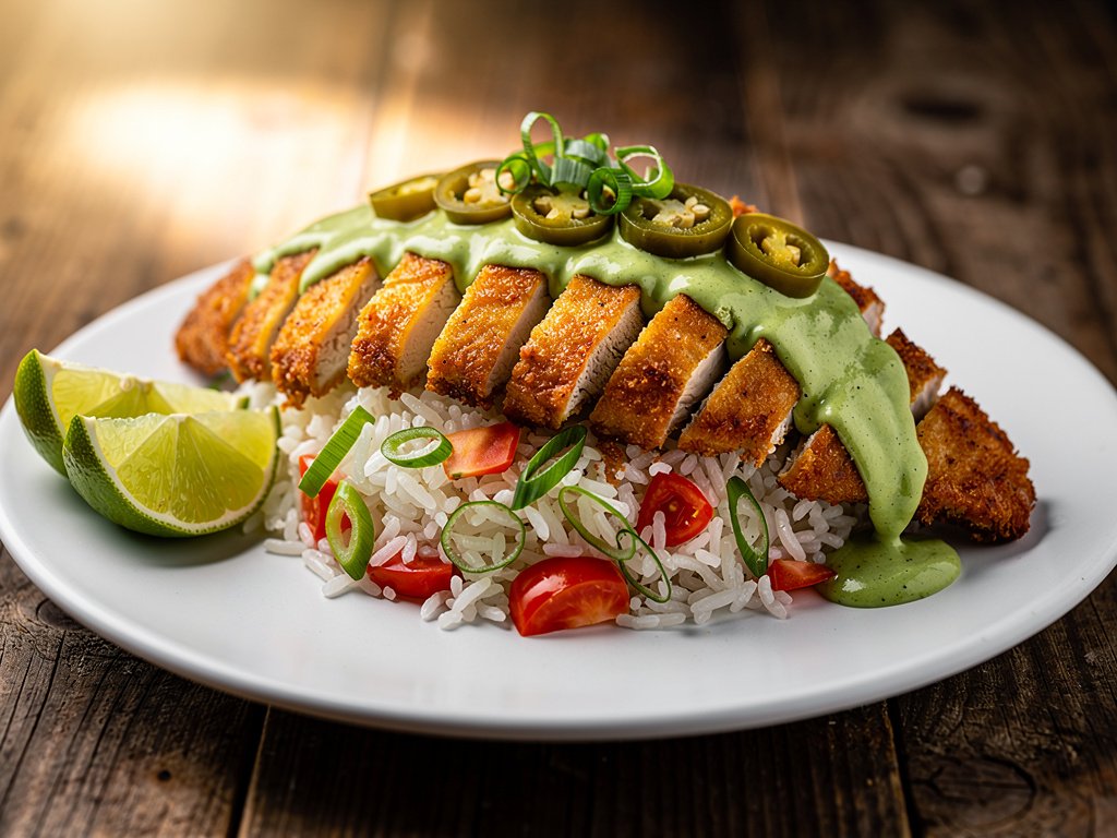 Spicy Peruvian Chicken with Loaded Rice and Creamy Salsa Verde