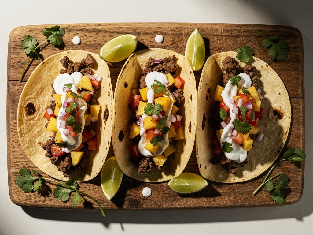 Spicy Pineapple Poblano Beef Tacos with Lime Crema