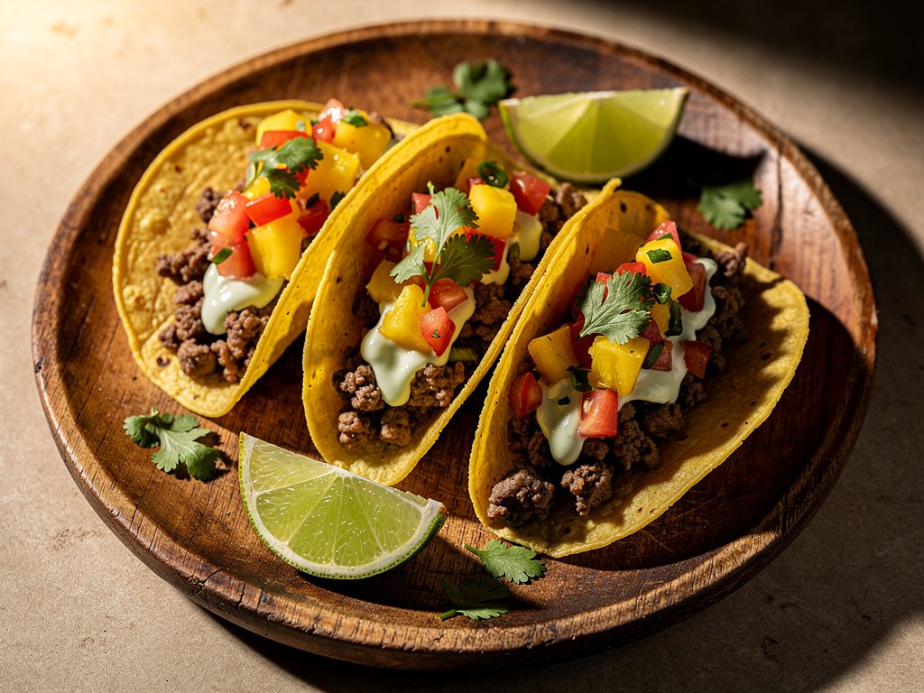 Spicy Pineapple Poblano Beef Tacos with Lime Crema