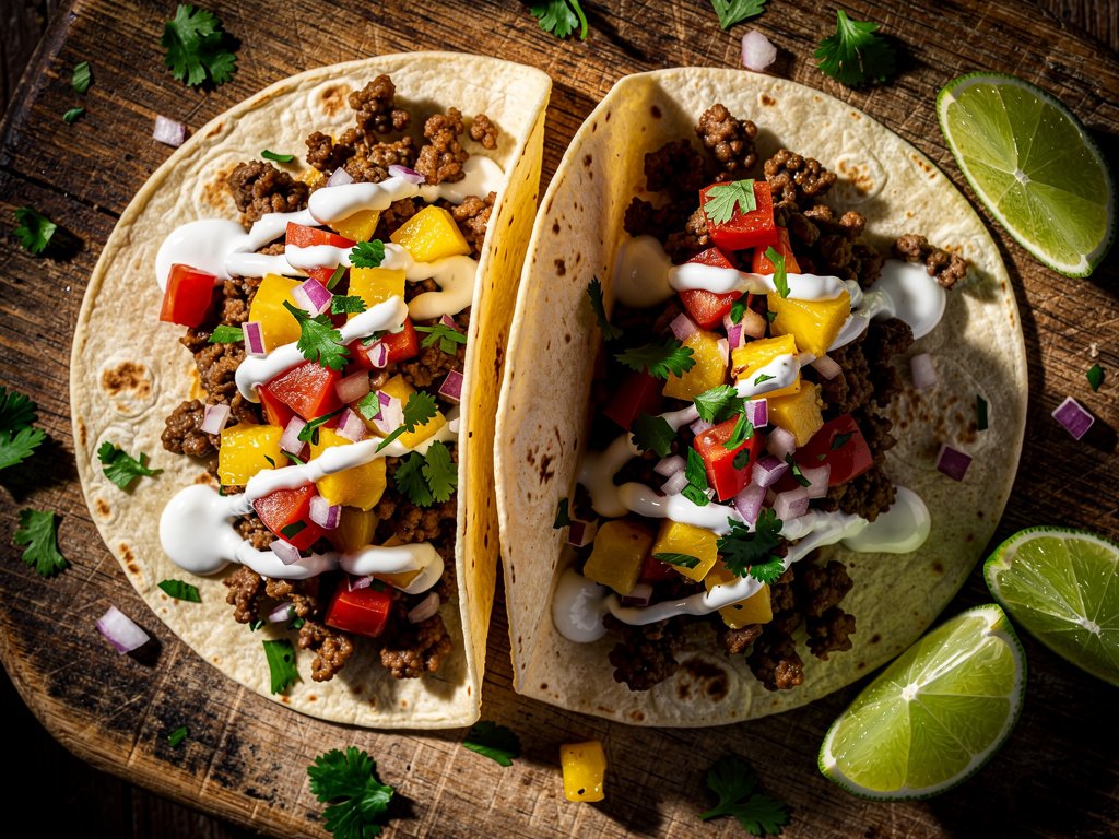 Spicy Pineapple Poblano Beef Tacos with Lime Crema