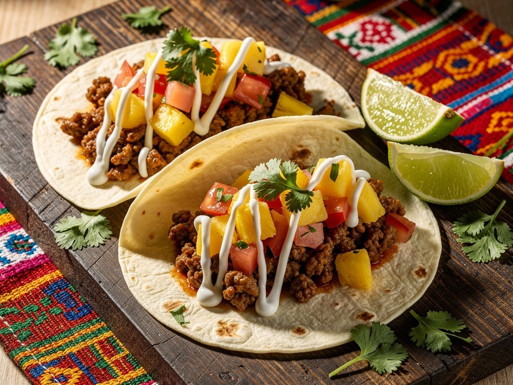 Spicy Pineapple Poblano Beef Tacos with Lime Crema