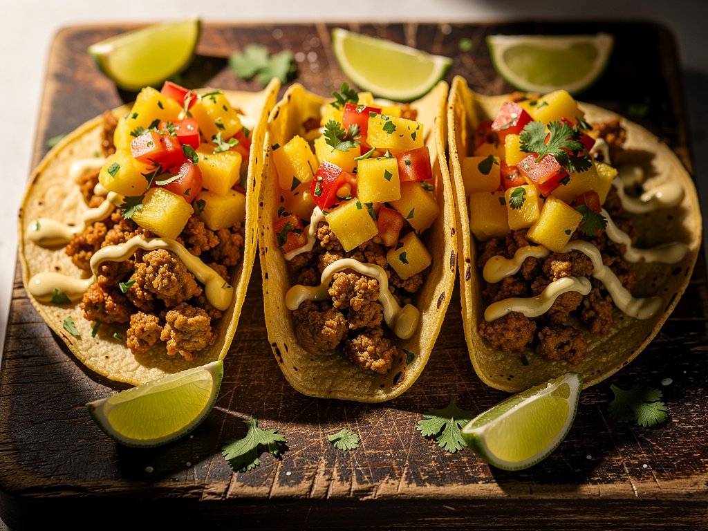 Spicy Pineapple Poblano Beef Tacos with Lime Crema