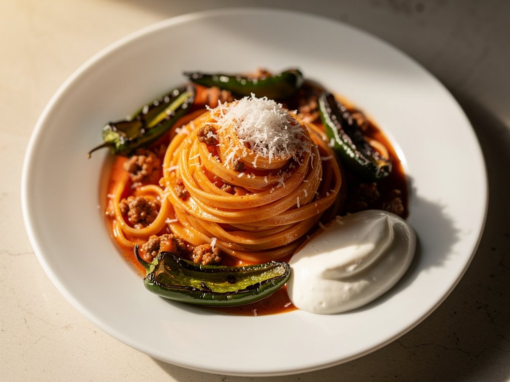 Spicy Poblano Beef Pasta with Creamy Tomato Sauce