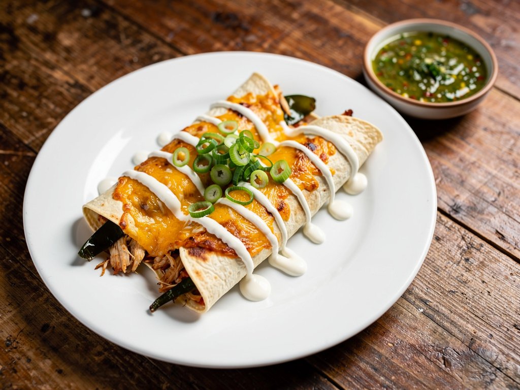Spicy Poblano Chicken Enchiladas with Salsa Verde and Crema