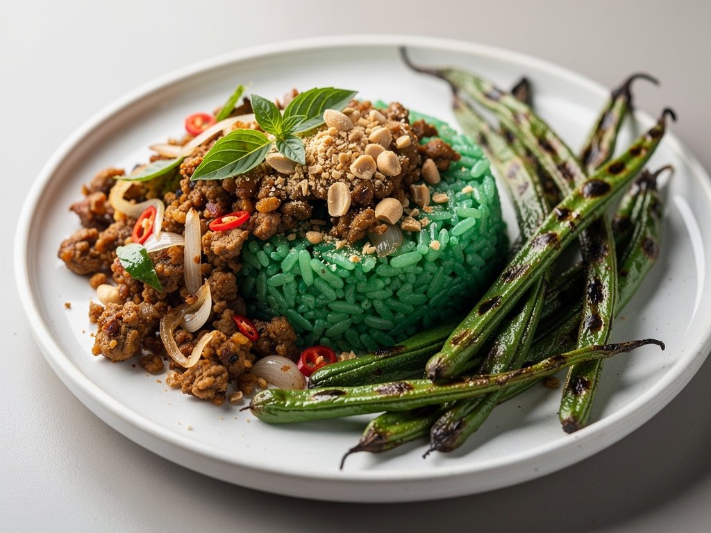 Spicy Pork Larb with Jade Rice and Crispy Green Beans