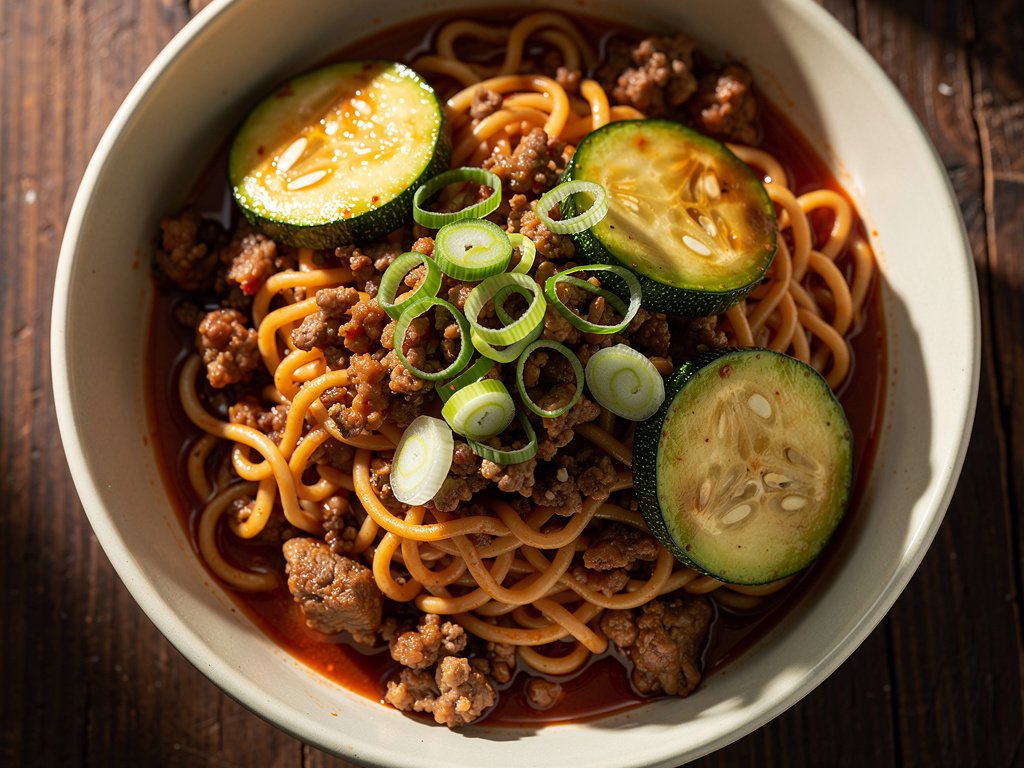 Spicy Pork Ramen Noodle Stir-Fry with Zucchini and Ginger