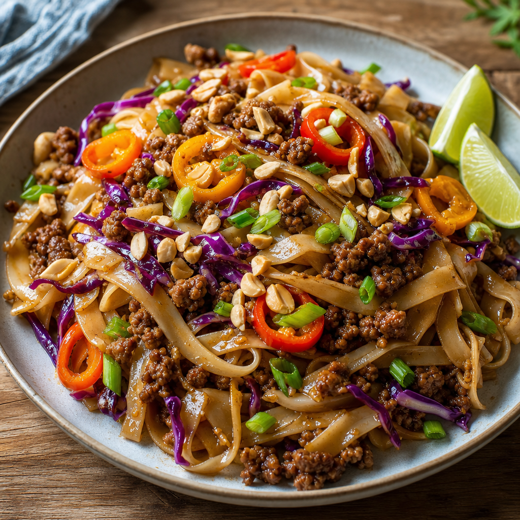 Spicy Pork Rice Noodles with Mini Peppers, Red Cabbage and Peanuts