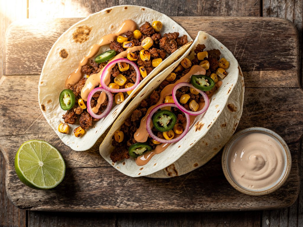 Spicy Pork and Street Corn Tacos with Chili Lime Crema
