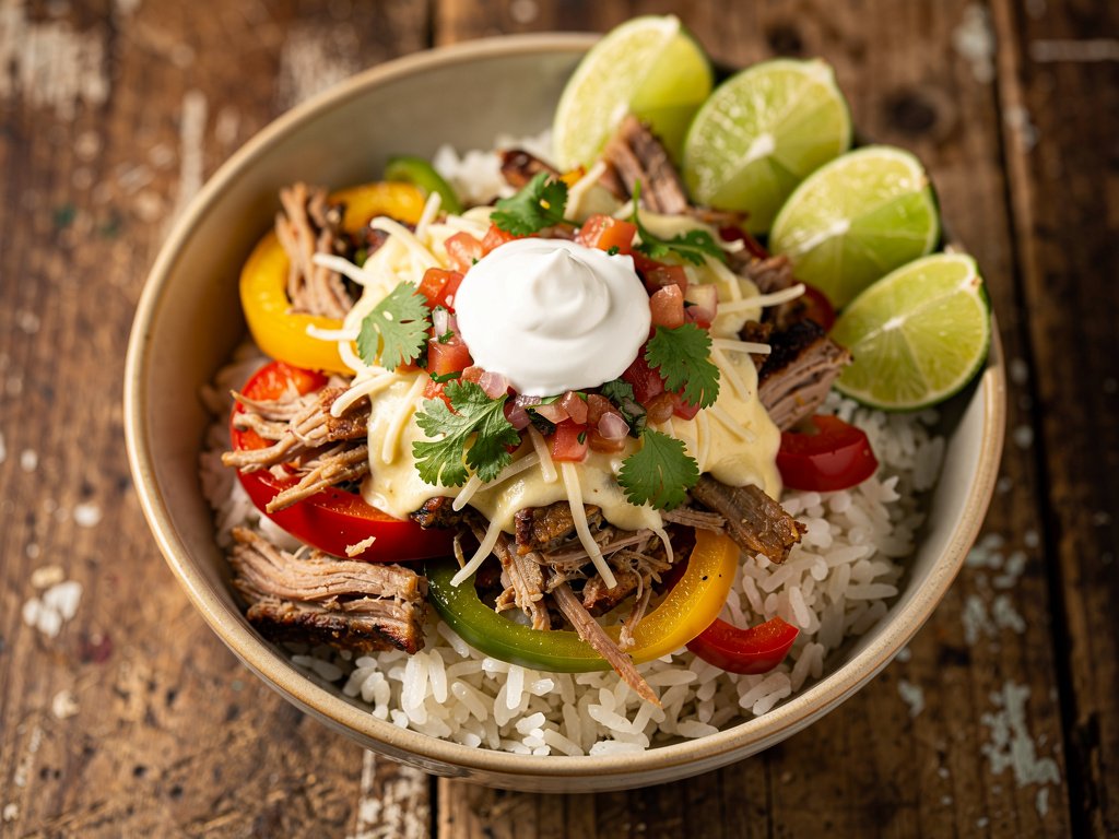 Spicy Pulled Pork Burrito Bowls with Tomato Salsa and Monterey Jack