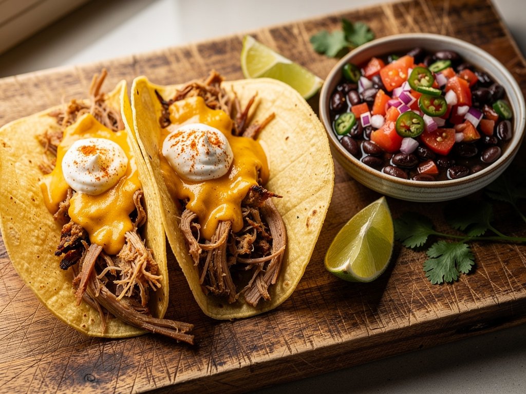 Spicy Pulled Pork Tacos with Black Bean Salsa and Cheddar