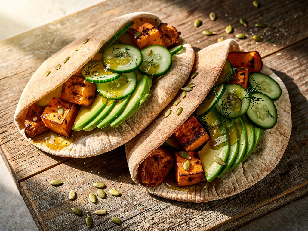 Spicy Roasted Sweet Potato Pita Pockets with Avocado and Cucumber Dill Salad