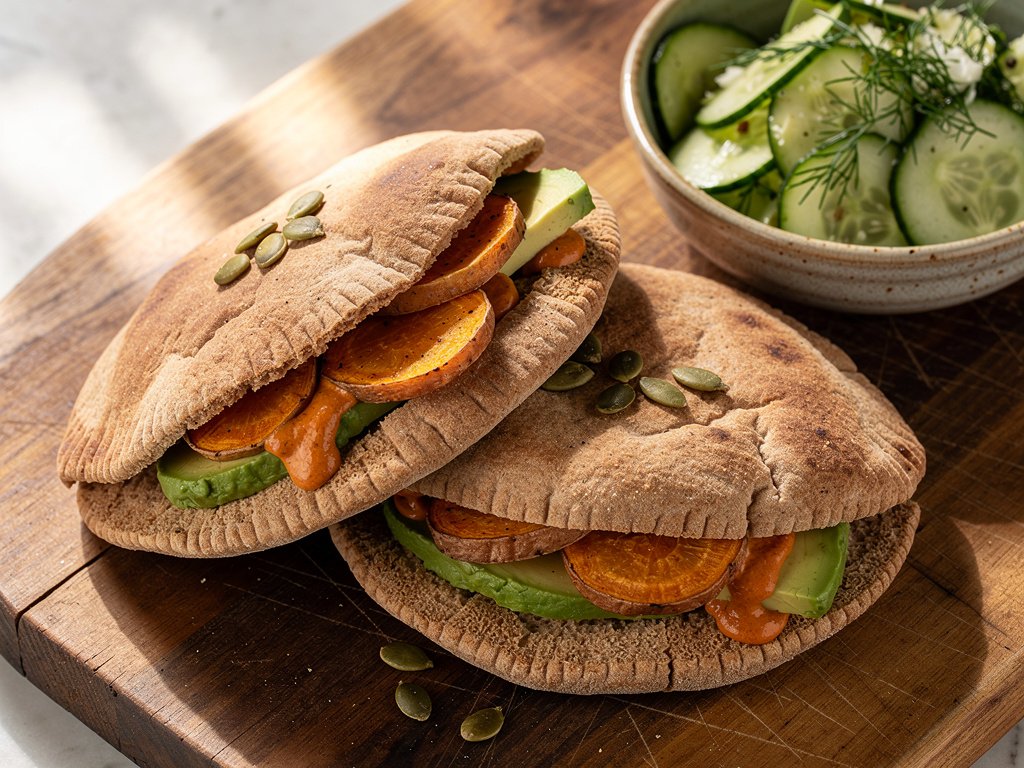 Spicy Roasted Sweet Potato Pita Pockets with Cucumber Dill Salad