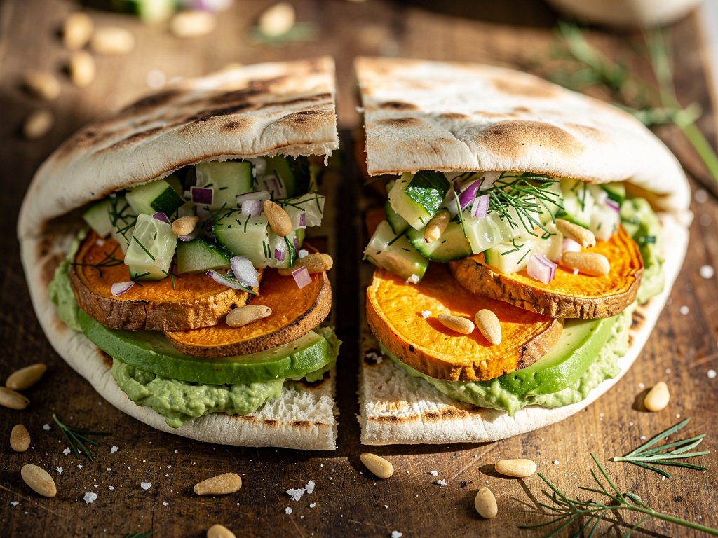 Spicy Roasted Sweet Potato Pita Pockets with Avocado and Cucumber Dill Salad