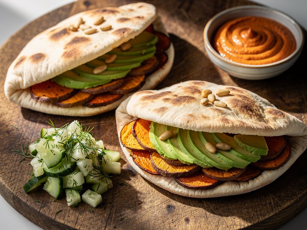 Spicy Roasted Sweet Potato Pita Pockets with Avocado and Cucumber-Dill Salad