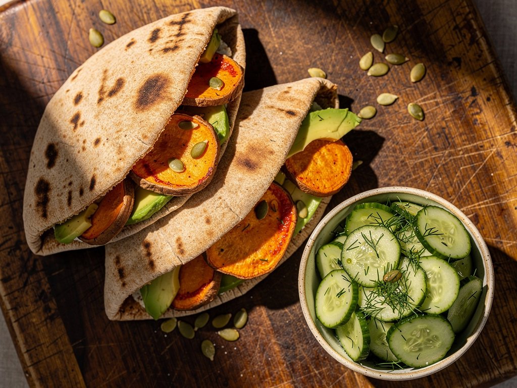 Spicy Roasted Sweet Potato Pitas with Avocado and Cucumber Dill Salad