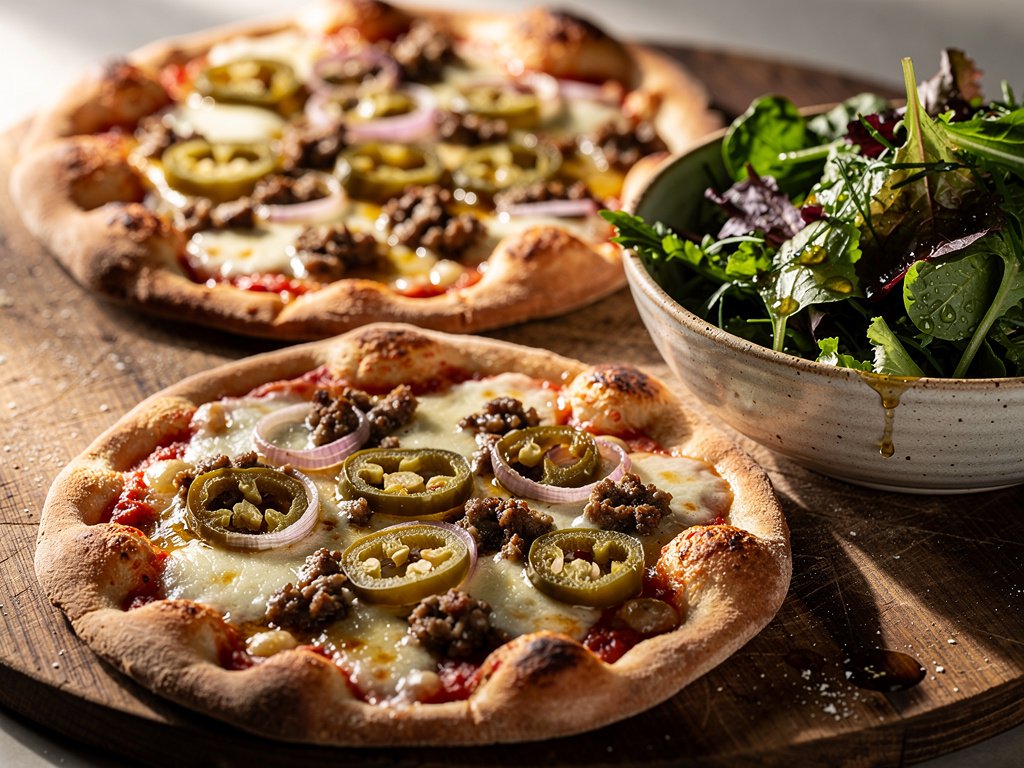 Spicy Sausage and Pickled Jalapeño Flatbread Pizzas with Side Salad