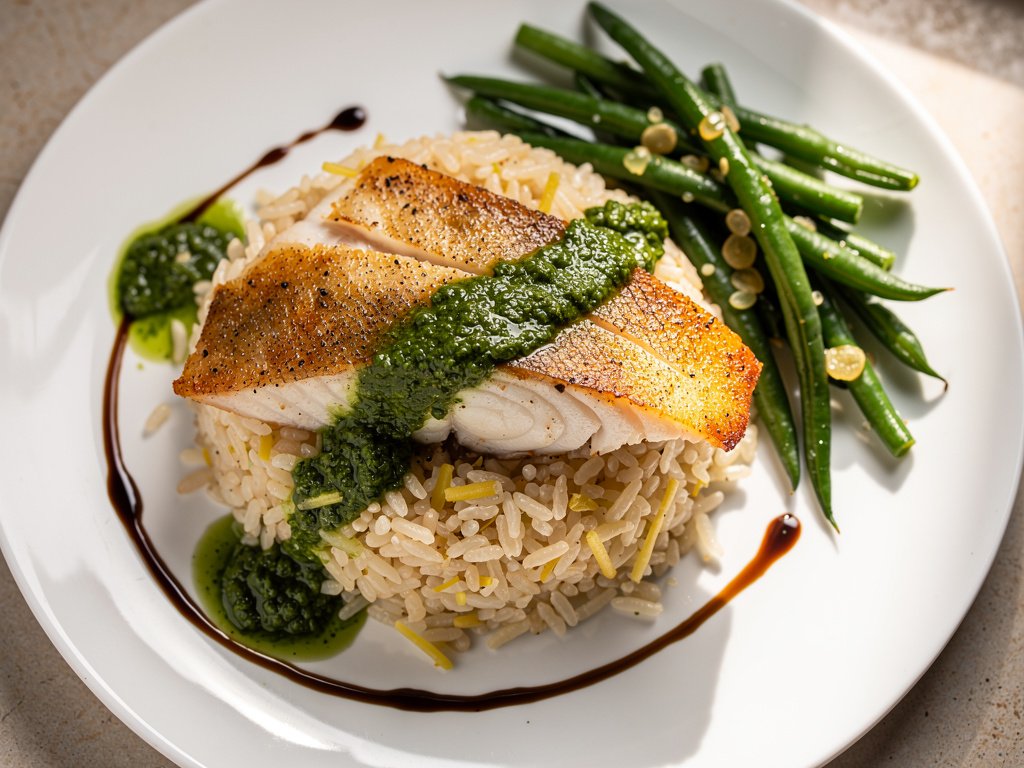 Spicy Scallion Pesto Tilapia with Ginger Rice and Green Beans