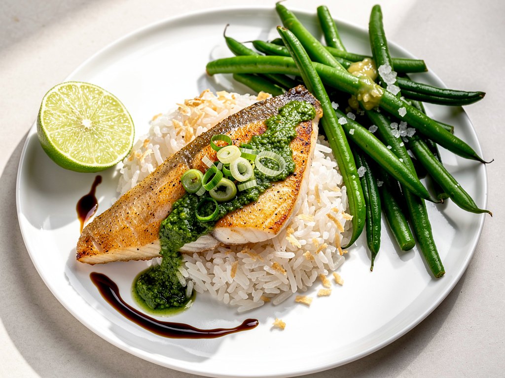 Spicy Scallion Pesto Tilapia with Ginger Rice and Green Beans