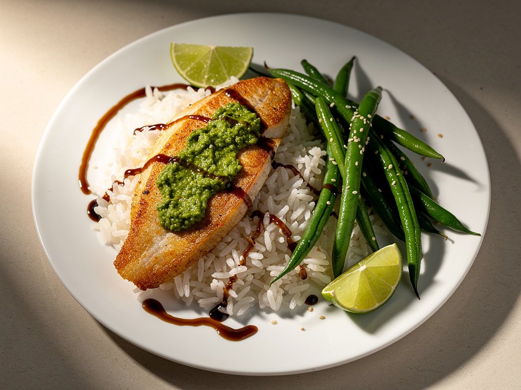 Spicy Scallion Pesto Tilapia with Ginger Rice and Green Beans