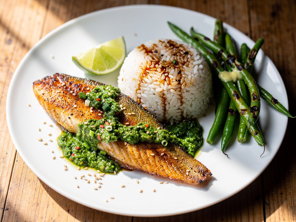 Spicy Scallion Sriracha Tilapia with Ginger Rice and Green Beans