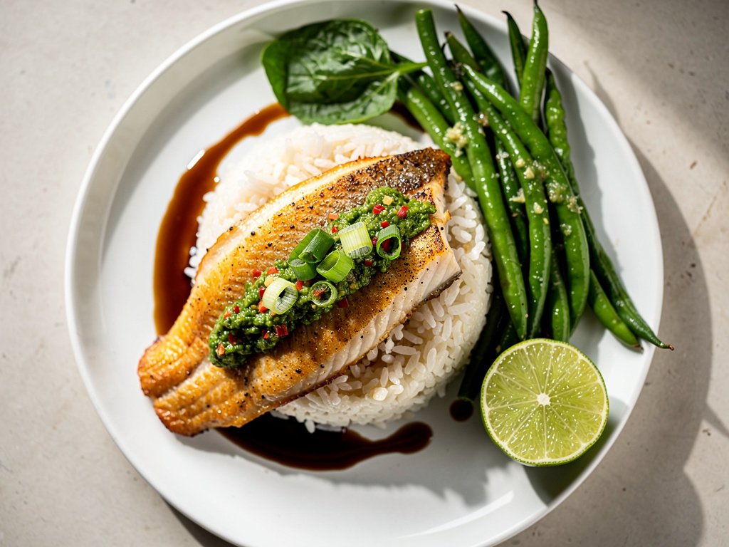 Spicy Scallion Sriracha Tilapia with Ginger Rice and Green Beans