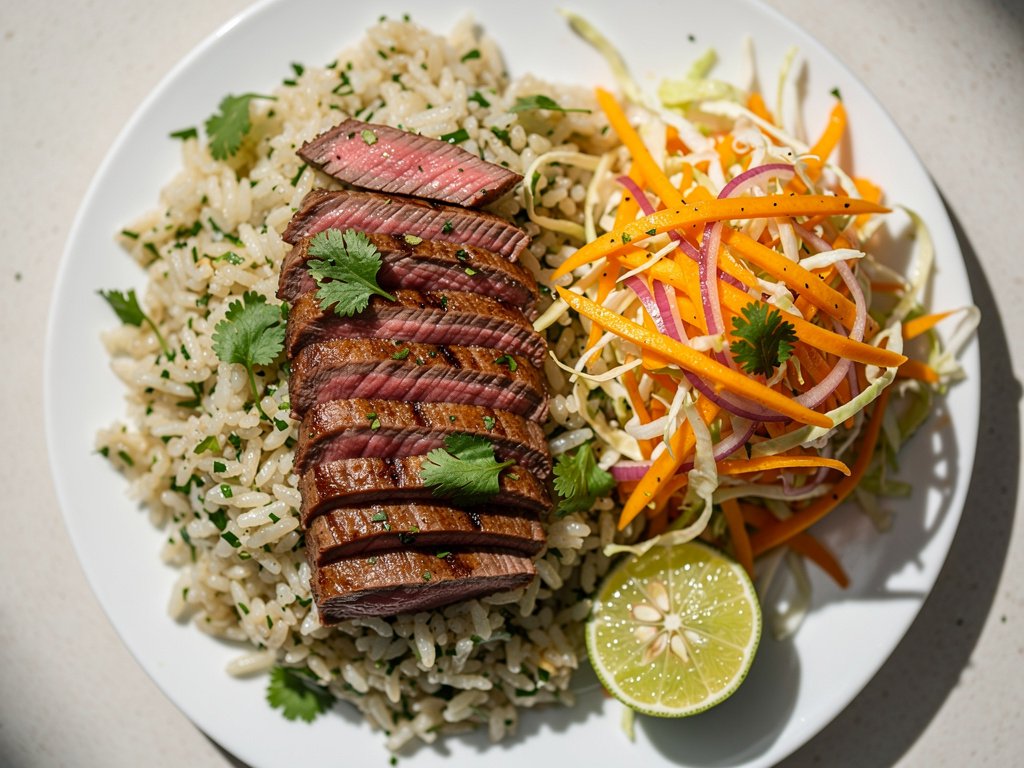 Spicy Serrano Flank Steak with Mango Slaw and Cilantro Lime Rice