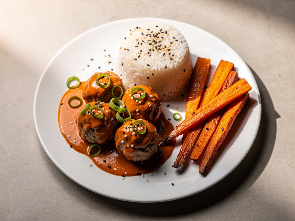 Spicy Sesame Meatballs with Roasted Carrots and Rice