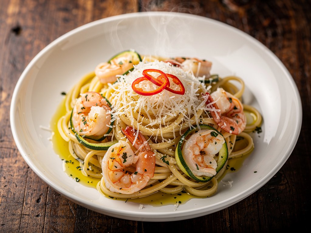 Spicy Shrimp Linguine with Zucchini and Garlic Herb Butter