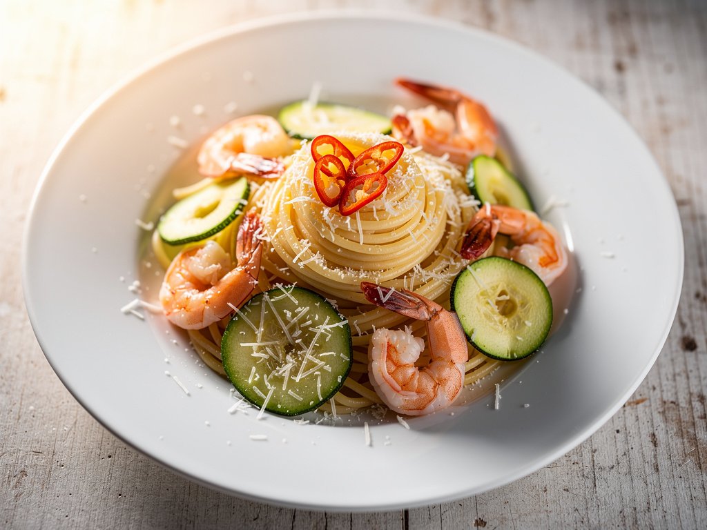 Spicy Shrimp Pasta with Zucchini and Garlic Herb Butter