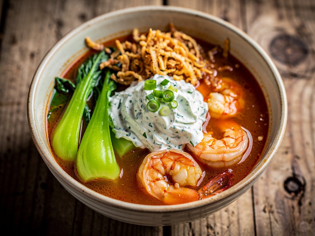 Spicy Shrimp Soup with Bok Choy and Scallion Sour Cream