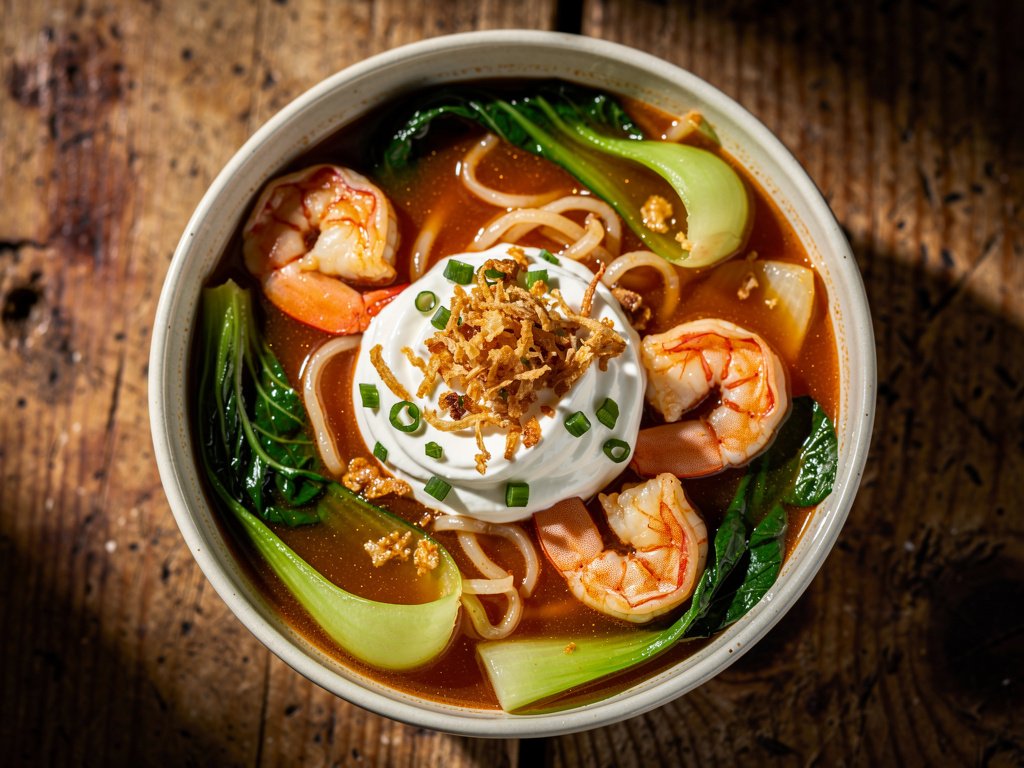 Spicy Shrimp Soup with Bok Choy, Scallion Sour Cream & Crispy Fried Onions