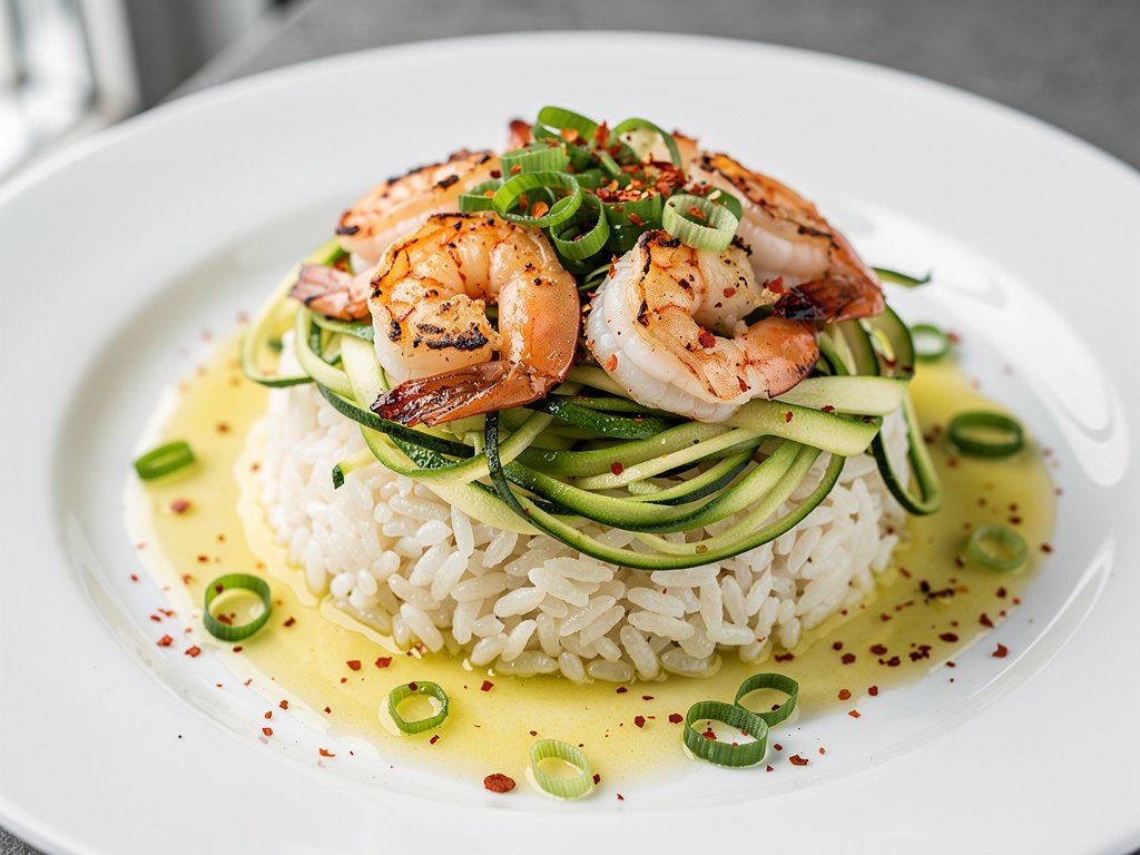 Spicy Shrimp with Zucchini Ribbons and Basil Oil over Jasmine Rice