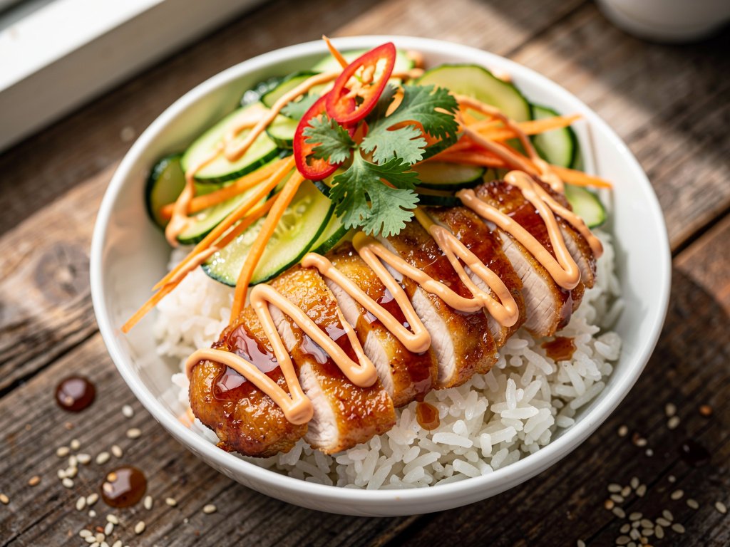 Spicy Sriracha Chicken Rice Bowls with Lime-Cucumber Salad