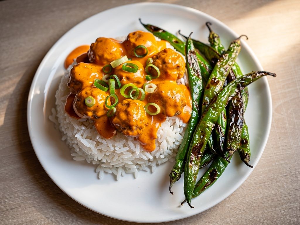 Spicy Sriracha Meatballs with Creamy Sauce and Roasted Green Beans
