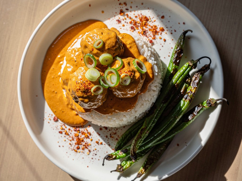 Spicy Sriracha Meatballs with Creamy Sauce and Roasted Green Beans