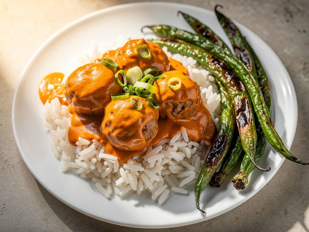 Spicy Sriracha Meatballs with Soy Glaze, Jasmine Rice, and Roasted Green Beans